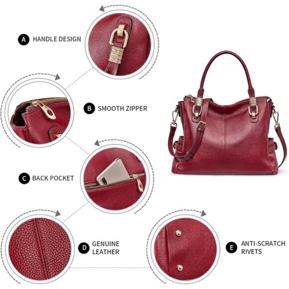 ⚡Women Wine Red Genuine Leather Purses and Handbags Satchel Tote Shoulder Bag - Picture 5 of 6